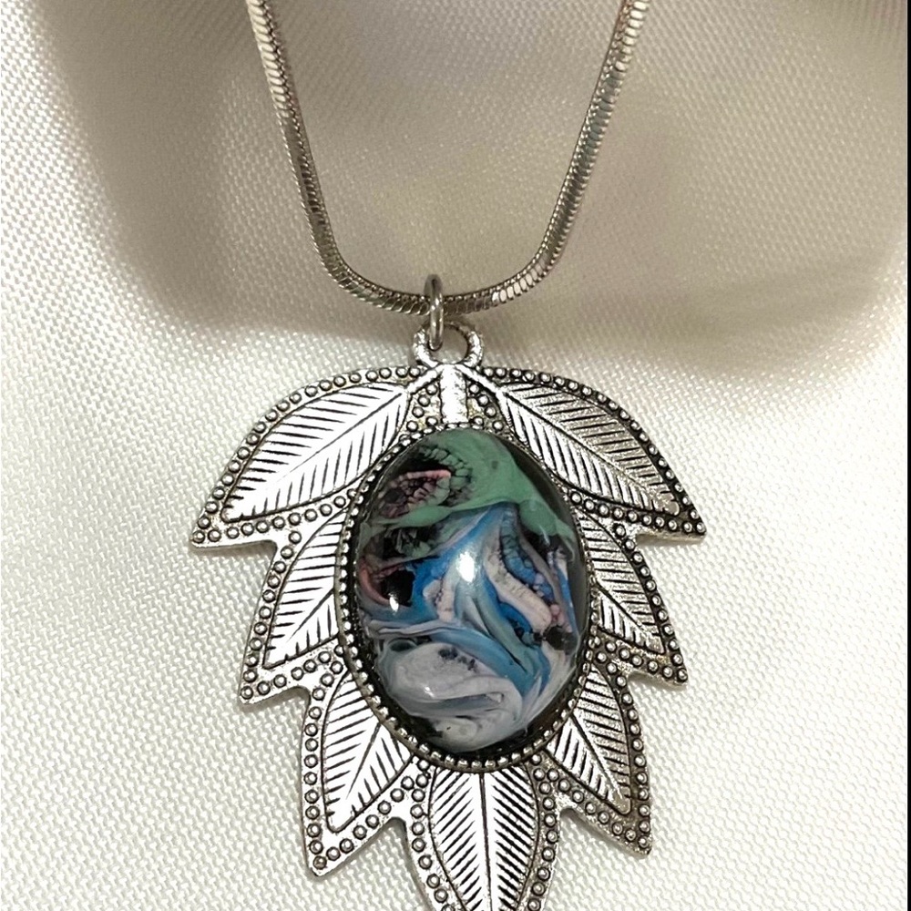 Silver Tone Peacock Colored Glass Pendant on 30” Chain
